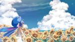  1girl absurdres ahoge animal_hat blue_eyes blue_hair day dress field flower flower_field from_side hair_ornament hat highres long_hair low_twintails multicolored_hair otomachi_una outdoors profile purple_hair putty_(kusanntonn) sky sleeveless sleeveless_dress smile solo star_(symbol) star_hair_ornament sunflower sunflower_field twintails very_long_hair vocaloid 