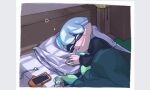  border cable cellphone closed_eyes grey_border indoors inkling inkling_boy lying on_bed on_side parted_lips phone pillow pointy_ears short_hair sleeping spl8ya splatoon_(series) tentacle_hair 