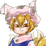  1girl animal_ears avatar_icon blonde_hair chamaji commentary_request dress fox_ears fox_tail hair_between_eyes hat kitsune kyuubi looking_at_viewer lowres mob_cap multiple_tails pillow_hat short_hair signature smile solo tabard tail tassel touhou white_dress yakumo_ran yellow_eyes 