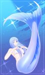  1girl absurdres bikini bikini_top_only blue_eyes blue_hair breasts commentary_request fins full_body heart heart_hands highres kiria_ai large_breasts long_hair looking_at_viewer mermaid monster_girl one_eye_closed original smile solo sparkle swimsuit underwater white_bikini 