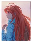  1girl absurdres ahoge backpack bag blue_jacket border celeste_(video_game) chinese_commentary coat commentary_request from_behind highres jacket long_hair madeline_(celeste) profile red_eyes red_hair solipsist solo upper_body white_border winter_clothes winter_coat 