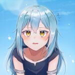  1other blue_hair blush chocoeiru highres humanization long_hair looking_at_viewer rimuru_tempest simple_background sky sweatdrop tensei_shitara_slime_datta_ken translation_request yellow_eyes 