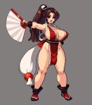  1girl :d breasts brown_hair cleavage cleavage_cutout clothing_cutout fatal_fury grey_background hand_fan hand_on_own_hip holding holding_fan japanese_clothes kimono large_breasts long_hair looking_at_viewer open_mouth pelvic_curtain pixel_art ponytail red_eyes red_kimono shiranui_mai short_kimono simple_background smile solo standing yumura_kino 