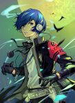  1boy artist_name aura belt black_gloves black_suit blue_eyes blue_hair buttons commentary english_commentary full_moon glint gloves headphones highres jengkay male_focus moon night night_sky parted_lips persona persona_3 persona_3_reload shirt short_hair simple_bird sky solo suit teeth twitter_username white_shirt yuuki_makoto 