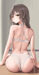 1girl absurdres ass bare_arms bare_shoulders bra brown_eyes brown_hair commentary english_commentary from_behind highres indoors lace lace_bra lace_panties looking_at_viewer looking_back original panties sitting sitting_on_object solo underwear white_bra white_panties yohwa 