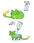 alien ambiguous_gender antennae_(anatomy) domestic_cat felid feline felis feral fur gnarpy green_body green_fur hi_res holin mammal pouring pouring_water regretevator roblox simple_background solo spray_bottle star wet wet_body wet_fur white_background yellow_body yellow_fur