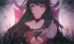  1girl bandaged_arm bandages bangs black_hair blurry blurry_background breasts chain choker closed_mouth collarbone copyright_name eyebrows_visible_through_hair floating_hair long_hair looking_at_viewer medium_breasts monicanc reaching_out smile solo swept_bangs tales_of_(series) tales_of_berseria underboob upper_body velvet_crowe very_long_hair yellow_eyes 