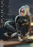  1girl ass black_cat_(marvel) building carlos_vasseur highres marvel mask mask_on_head night night_sky sky solo spider-man_(series) white_hair 