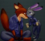  2017 anthro barefoot brown_body brown_fur canid canine clothed clothing color_edit colored disney duo edit fox fully_clothed fur grey_body grey_fur holding_cup holding_object judy_hopps lagomorph leporid mammal nick_wilde one_eye_closed purple_eyes rabbit red_fox simple_background sitting smile standing stormspike zootopia めーこ 