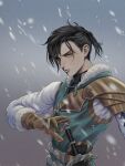  1boy belt black_hair blurry blurry_background brown_eyes brown_gloves closed_mouth commentary english_commentary felix_hugo_fraldarius fire_emblem fire_emblem:_three_houses fur-trimmed_gloves fur_trim gloves gradient_background highres male_focus sheath sheathed short_hair snowing solo sword upper_body weapon wrainbow13 