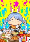  &gt;_&lt; 1girl 5others absurdres animal_ears black_gloves blue_hair bow braid burger carrot_hair_ornament commentary_request eating egg food food-themed_hair_ornament food_on_face french_fries fried_chicken fur-trimmed_gloves fur_trim gloves hair_bow hair_ornament highres holding holding_food hololive kfc logo_parody mcdonald&#039;s multiple_others nabenabe3104 noodles pekomon_(usada_pekora) pizza plate rabbit_ears rabbit_girl seaweed tears twin_braids udon usada_pekora virtual_youtuber wcdonald&#039;s white_hair yagoo 