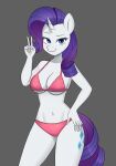 5_fingers anthro anthrofied big_breasts bikini blue_eyes breasts clothed clothing cutie_mark equid equine eyebrows eyelashes female fingers friendship_is_magic gesture hair hand_on_hip handgunboi hasbro hi_res horn long_hair looking_at_viewer mammal my_little_pony navel open_mouth portrait rarity_(mlp) solo standing swimwear three-quarter_portrait unicorn unicorn_horn v_sign white_body