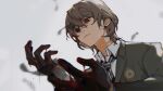  akechi_gorou black_feathers black_gloves blood blood_in_hair blood_on_face blood_on_hands brown_hair closed_mouth collared_shirt expressionless falling_feathers feathers from_below gloves hair_between_eyes highres looking_at_hands mika_winter necktie persona persona_5 red_eyes shirt short_hair solo striped_necktie upper_body white_background 