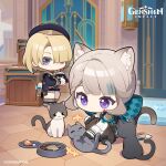  1boy 1girl absurdres animal_ear_fluff animal_ears black_footwear black_gloves black_headwear black_shorts blonde_hair blunt_bangs bowl brother_and_sister cat cat_ears chibi closed_mouth commentary copyright_name english_commentary fish_(food) food freminet_(genshin_impact) genshin_impact gloves grey_hair hat highres holding long_sleeves looking_down lynette_(genshin_impact) multicolored_hair no_mouth official_art pantyhose pers_(genshin_impact) pet_bowl puffy_long_sleeves puffy_sleeves purple_eyes short_shorts shorts siblings squatting star_(symbol) streaked_hair 