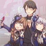 1boy 2girls :3 :d ^_^ ayasaka bang_dream! bangs black_hair black_neckwear black_shirt blue_flower blue_headwear blue_ribbon braid brown_hair cellphone center_frills closed_eyes commentary_request detached_sleeves dress earrings flower gloves grey_hair group_picture hair_flower hair_ornament hair_over_shoulder hat hat_ribbon holding holding_phone imai_lisa jewelry long_hair minato_yukina minato_yukina&#039;s_father multiple_girls neck_ribbon open_mouth phone pinky_out ribbon self_shot shirt side_ponytail single_braid smartphone smile taking_picture u_u upper_body wavy_mouth white_gloves 