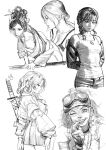  5girls absurdres arms_behind_back back_tattoo bra braid breasts cleavage commentary english_commentary goggles goggles_on_head greyscale hair_ornament hair_stick highres katana low_twin_braids medium_breasts miniskirt monochrome multiple_girls off_shoulder one_eye_closed open_mouth original pleated_skirt sheath sheathed sketch skirt smile solipsist sword tank_top tattoo twin_braids two-tone_gloves underwear weapon 