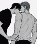  2boys absurdres couple cowboy_shot greyscale highres kissing_shoulder male_focus marukome0816 monochrome multiple_boys rukawa_kaede sakuragi_hanamichi short_hair simple_background slam_dunk_(series) smile yaoi 