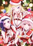  3girls akino_sayuri blue_eyes blue_nails blurry bokeh boots bra breasts brown_collar cape chest_harness christmas cleavage collar depth_of_field dosanko_gyaru_wa_namaramenkoi double_v fake_nails fingerless_gloves fur-trimmed_cape fur-trimmed_footwear fur-trimmed_headwear fur_trim fuyuki_minami gift gloves hair_behind_ear halter_shirt halterneck harness hat heart_o-ring highres ikada_kai large_breasts looking_up medium_breasts multiple_girls natsukawa_rena nervous one_eye_closed open_hand pink_hair pinky_ring purple_eyes purple_hair purple_nails red_bra red_cape red_eyes red_footwear red_gloves red_headwear red_shirt santa_hat shirt short_hair smile snowflakes sweater underwear v v-shaped_eyebrows wavy_mouth wrist_cuffs 