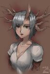  1girl baroque_(series) breasts brown_background cleavage collarbone cropped_torso dated grey_hair grey_shirt highres horned_girl_(baroque) horns layered_sleeves long_sleeves looking_at_viewer multiple_horns red_eyes samidare_satsuki shirt short_hair short_over_long_sleeves short_sleeves signature simple_background solo teeth upper_body upper_teeth_only v-neck 