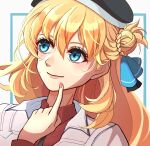  1girl agnes_claudel beret blonde_hair blue_border blue_eyes border braid braided_bun double-parted_bangs eiyuu_densetsu finger_to_mouth hair_between_eyes hair_bun hat highres kuro_no_kiseki kuro_no_kiseki_ii long_hair nail_polish riwancece_428 simple_background smile solo white_background 