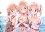 3girls :d absurdres ahoge anchor_hair_ornament ass backlighting backpack bag bangs bare_arms bare_shoulders bikini bismarck_(kantai_collection) black_bikini black_bikini_bottom black_ribbon blonde_hair blue_eyes blurry blurry_background blush bow breasts cleavage closed_mouth collarbone commentary_request day depth_of_field eyebrows_visible_through_hair fingernails girl_sandwich graf_zeppelin_(kantai_collection) green_eyes grey_bikini hair_between_eyes hair_bow hair_ornament hair_ribbon hairclip highres holding_hands huge_filesize interlocked_fingers jacket kantai_collection large_breasts long_hair multiple_girls off_shoulder open_clothes open_jacket open_mouth outdoors parted_lips prinz_eugen_(kantai_collection) purple_eyes red_bow ribbon sandwiched scan see-through smile swimsuit twintails water white_bikini_top white_jacket yuriko 