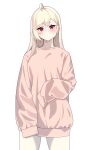  1girl absurdres ahoge blonde_hair cowboy_shot highres jingburger jirari long_sleeves looking_at_viewer red_eyes simple_background sleeves_past_fingers sleeves_past_wrists solo sweater virtual_youtuber waktaverse white_background yellow_sweater 