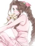  1girl aerith_gainsborough bangle bare_shoulders bracelet braid braided_ponytail breasts brown_hair dress final_fantasy final_fantasy_vii flower green_eyes hair_bobbles hair_ornament hair_ribbon highres holding holding_flower jewelry light_blush lily_(flower) long_dress long_hair looking_at_viewer materia medium_breasts neveromance parted_bangs pink_dress pink_ribbon ribbon sidelocks single_braid sitting solo upper_body white_background yellow_flower 