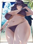  1girl :| @_@ bare_shoulders beach bikini blue_sky blush breasts breasts_apart closed_mouth cloud commentary_request covered_nipples cowboy_shot dappled_sunlight hair_between_eyes hairband hand_in_own_hair hex_maniac_(pokemon) highres huge_breasts long_hair looking_at_viewer navel okome_(komehakumai) palm_leaf paneled_background plump pokemon pokemon_xy purple_bikini purple_eyes purple_hairband purple_nails shadow sky solo standing strap_pull sunlight sweat swimsuit thick_thighs thighs very_long_hair wavy_hair 