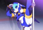  1girl blue_eyes bodysuit covered_navel crop_top crotch_plate fairy_leviathan_(mega_man) helmet kaidou_zx mega_man_(series) mega_man_zero_(series) pole pole_dancing solo split standing standing_on_one_leg standing_split stripper_pole white_bodysuit 