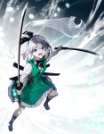  1girl black_hairband black_ribbon black_socks blue_eyes collared_shirt frilled_skirt frills green_skirt green_vest grey_hair hair_ribbon hairband highres hitodama holding holding_sword holding_weapon katana konpaku_youmu konpaku_youmu_(ghost) long_sleeves open_mouth ribbon shirt short_hair skirt skirt_set socks solo sword touhou vest weapon white_shirt zounose 