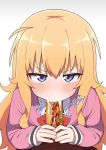  1girl blonde_hair commentary english_commentary fellatio food gabriel_dropout gabriel_tenma_white highres jitome looking_at_viewer mikoscrub oral purple_eyes sandwich sexually_suggestive simple_background simulated_fellatio solo sound_effects straight-on v-shaped_eyebrows white_background 