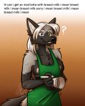2022 anthro apron apron_only arm_tuft artist_name barista black_body black_ears black_fur black_nose blank_stare blue_eyes breasts canid canine chest_tuft claws cleavage clothed clothing container cup cute_fangs dialogue digital_media_(artwork) elbow_tuft english_text eyebrows eyeliner female finger_claws fluffy fluffy_tail fox fur gradient_background green_apron green_eyes grey_body grey_fur grey_hair grey_inner_ear_fluff hair heterochromia holding_container holding_cup holding_marker holding_object i_mean_breast_milk inner_ear_fluff long_hair makeup mammal marker meme multicolored_body multicolored_ears multicolored_fur nicnak044 nipple_outline nipples pink_nipples question_mark red_fox repeated_text shoulder_tuft signature silver_fox simple_background solo standing tail teeth text tuft two_tone_ears watermark whiskers zeitgeist