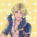  1boy armor black_gloves blonde_hair blue_eyes chain_necklace dissidia_final_fantasy final_fantasy final_fantasy_x gloves heart highres jewelry light_blush male_focus necklace one_eye_closed open_mouth shoulder_armor smile teeth tidus twitter_username warori_anne yellow_background 