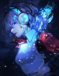  1girl aegis_(persona) android blonde_hair blue_eyes blue_theme dark_background from_side glowing hair_between_eyes headphones light_particles looking_to_the_side lor_(roasyerizyonirapi) motion_blur night open_mouth persona persona_3 profile ringed_eyes s.e.e.s short_hair solo upper_body 
