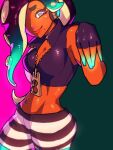  1girl closed_mouth crop_top dark-skinned_female dark_skin fingerless_gloves gloves hair_over_one_eye headphones long_hair looking_at_viewer marina_(splatoon) midriff mole mole_under_mouth navel_piercing pants piercing smile solo splatoon_(series) splatoon_2 striped_clothes striped_pants symbol-shaped_pupils tentacle_hair thick_eyebrows two-tone_background udaruga wide_hips zipper_pull_tab 
