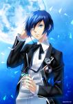  1boy bangs black_jacket black_ribbon blue_background blue_eyes blue_hair collared_shirt dress_shirt full_moon hand_in_hair highres holding jacket long_sleeves male_focus moon neck_ribbon open_clothes open_jacket parted_lips persona persona_3 ribbon sato-pon shiny shiny_hair shirt short_hair solo swept_bangs twitter_username upper_body white_shirt wing_collar yuuki_makoto 