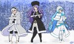  3girls azura_(fire_emblem) barefoot blue_hair breath camilla_(fire_emblem) cloak coat cold corrin_(fire_emblem) earmuffs english_commentary fire_emblem fire_emblem_fates fire_emblem_heroes fur-trimmed_cloak fur-trimmed_hood fur_hat fur_trim hat highres hood jd02 long_hair mittens multiple_girls purple_eyes purple_hair red_eyes snow snowing trembling ushanka very_long_hair white_hair winter winter_clothes winter_coat yellow_eyes 