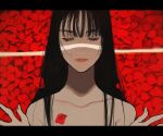  1girl black_hair closed_eyes closed_mouth collarbone commentary_request crack_of_light eyelashes facing_viewer fingernails hands_up highres letterboxed lipstick long_hair lying makeup nude on_back original petals portrait red_background red_lips solo straight_hair yumeko_(yumeyana_g) 