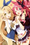  2girls between_breasts blonde_hair breast_press breasts cleavage crown disgaea feather_boa iwasi-r liezerota long_hair looking_at_viewer makai_senki_disgaea_5 medium_breasts mini_crown multiple_girls necktie necktie_between_breasts open_mouth pink_hair pointy_ears ponytail purple_eyes red_neckwear seraphina_(disgaea) short_hair sidelocks smile yellow_eyes 