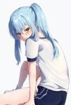  1other absurdres blue_hair chocoeiru highres humanization long_hair looking_at_viewer looking_back rimuru_tempest simple_background smile sportswear tensei_shitara_slime_datta_ken white_footwear yellow_eyes 