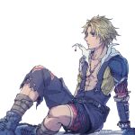  1boy belt black_overalls blonde_hair blue_eyes chain_necklace closed_mouth dissidia_final_fantasy earrings final_fantasy final_fantasy_x gloves highres jewelry male_focus necklace overalls shoes short_hair sitting tidus torn_clothes warori_anne white_background 