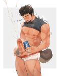  1boy abs animal_ears baduki_(tenji) bara bare_pectorals black_hair blush can closed_eyes clothes_lift cowboy_shot cum dark-skinned_male dark_skin dog_boy dog_ears dog_tail ejaculation english_text erection grey_background highres holding holding_can large_pectorals large_penis long_sideburns male_focus male_pubic_hair male_underwear male_underwear_pull muscular muscular_male nipples open_mouth original pectorals penis pubic_hair pulled_by_self shirt_lift short_hair sideburns simple_background solo sweatdrop tail tenji_(tenji_89) testicles trembling uncensored underwear white_male_underwear 