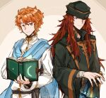  2boys artist_name artur_(fire_emblem) black_headwear blue_cape book brown_hair cape coin eye_contact fire_emblem fire_emblem:_the_sacred_stones hat holding holding_book holding_coin jewelry joshua_(fire_emblem) long_hair long_sleeves looking_at_another male_focus multiple_boys open_book orange_eyes orange_hair ring sheath sheathed short_hair sword tozakuro_s weapon 