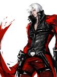  1boy belt bishounen black_gloves blue_eyes canghai coat dante_(devil_may_cry) devil_may_cry_(series) devil_may_cry_2 gloves grey_eyes gun highres holding male_focus red_coat simple_background solo thigh_belt thigh_strap weapon white_hair 