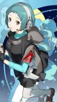  1girl aqua_hair blue_background brown_eyes brown_footwear commentary eyelashes full_body grey_hoodie highres hood hoodie looking_at_viewer nao_(syn_eaa) parted_lips persona persona_3 persona_3_reload shoes short_hair solo thighhighs white_thighhighs yamagishi_fuuka zipper zipper_pull_tab zoom_layer 