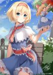  1girl alice_margatroid blonde_hair blue_dress blue_eyes blush capelet closed_mouth day dress hair_between_eyes hairband highres niko_kusa outdoors red_hairband shanghai_doll short_hair smile solo touhou white_capelet 