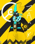 absurd_res anthro blue_eyes dankbudgie digital_media_(artwork) english_text felid fur generation_7_pokemon hair hi_res legendary_pokemon male mammal nintendo pokemon pokemon_(species) simple_background solo text yellow_body yellow_fur zeraora