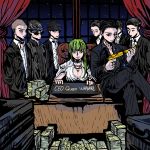  1girl 6+boys bangs bbtanyoungboy beanie breasts buzz_cut cleavage curtains formal green_eyes green_hair gun hat hime_cut hip_hop jewelry large_breasts long_hair looking_at_viewer mafia money multiple_boys necklace original parted_bangs queen_wasabi real_life shirt sig_sauer sig_sauer_p226 suit suitcase sunglasses table watch weapon white_shirt window 