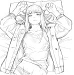  1girl arms_up chinese_commentary commentary_request greyscale half-closed_eyes jacket kiruko_(tengoku_daimakyou) lying monochrome on_back pillow sketch solipsist solo tengoku_daimakyou upper_body 