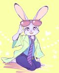  2018 anthro bottomwear clothed clothing disney eyewear fully_clothed fur grey_body grey_fur judy_hopps kneeling lagomorph leporid looking_at_viewer mammal necktie open_mouth open_smile pants rabbit shirt simple_background smile solo sunglasses topwear yellow_background zootopia めーこ 
